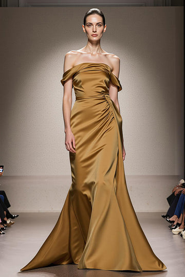 Yellow Mermaid Satin Off the Shoulder Long Formal Dress